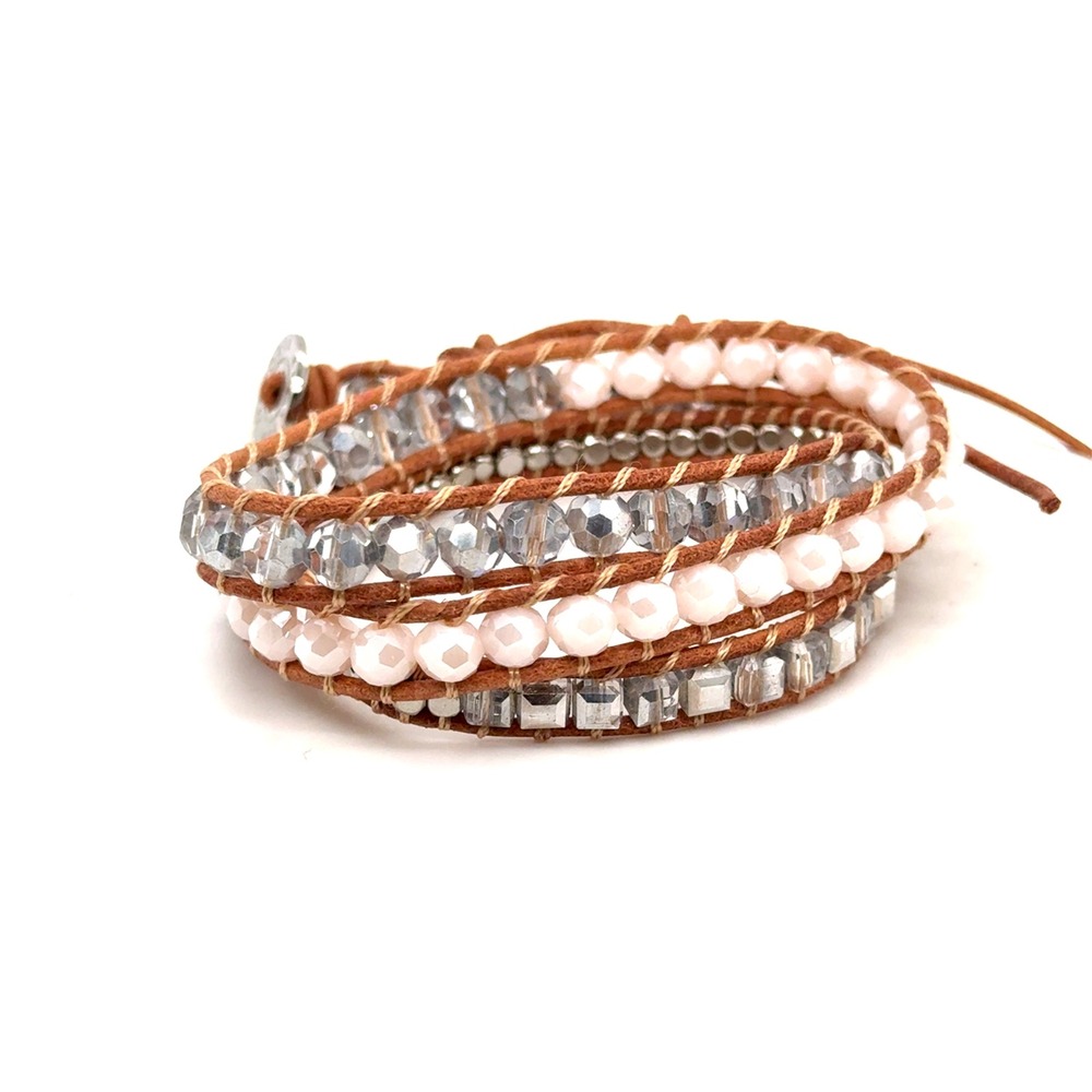 Victoria Emerson Crystal Pink Beaded Boho Wrap Bracelet Adjustable 21-23 Inch